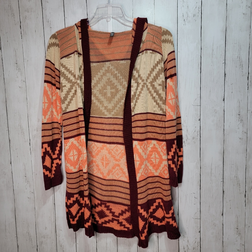 Full Tilt Women's Hooded Open Front Sweater Multicolor Aztec Size Small.